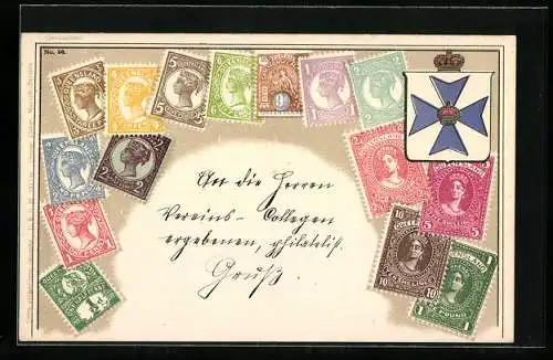 AK Briefmarken aus Queensland, Australien mit dem Wappen von Queensland
