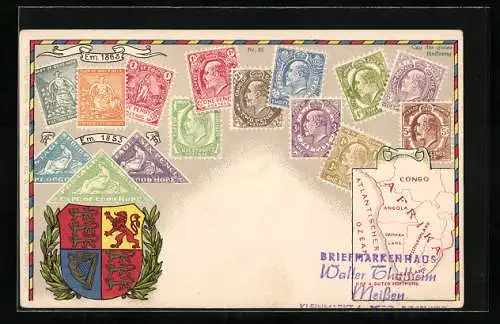 AK Briefmarken Kap der Guten Hoffnung, Landkarte und Wappen