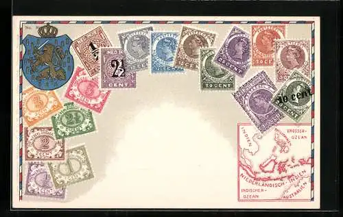 AK Verschiedene Briefmarken und Wappen von Niederländisch-Indien mit Landkarte