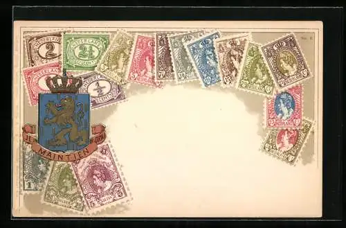 AK Briefmarken der Niederlande und Wappen