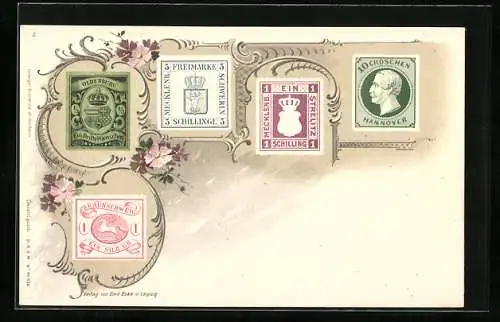 Lithographie Briefmarken aus Oldenburg, Mecklenburg-Schwerin & Hannover