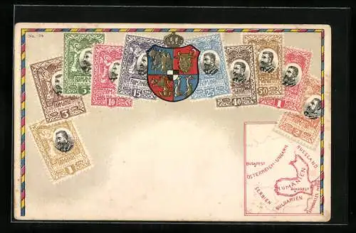 Künstler-AK Romania, Briefmarken, Landkarte mit Serbien, Bulgarien & Russland, Wappen