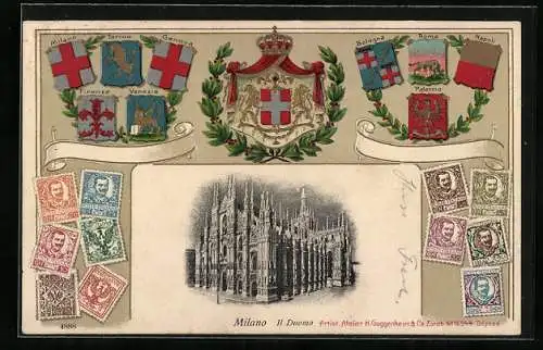 AK Briefmarken aus Italien, der Mailänder Dom, Wappen verschiedener Städte