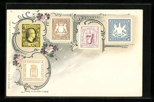 Lithographie Briefmarken aus Sachsen, Bayern, Hamburg und Mecklenburg-Schwerin