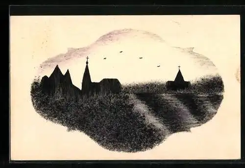 Künstler-AK Handgemalt: Die Silhouetten zweier Kirchen, Schablonenmalerei