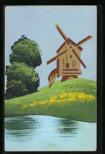 Künstler-AK Handgemalt: Blick auf eine Windmühle am Wasser, Schablonenmalerei