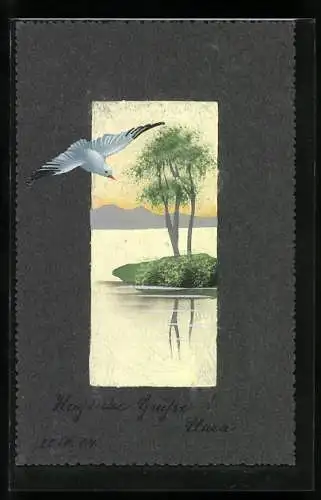 Künstler-AK Handgemalt: Eine Möwe kreist über einer kleinen Insel, Schablonenmalerei