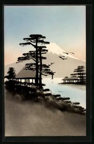 Künstler-AK Handgemalt: Einfache Häuser am See mit Blick zum Mount Fuji, Schablonenmalerei