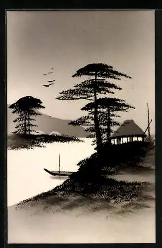 Künstler-AK Handgemalt: Haus und Ruderboot an der Flussmündung, Schablonenmalerei