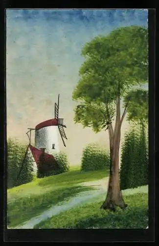 Künstler-AK Handgemalt: Blick zur weissen Windmühle, Schablonenmalerei