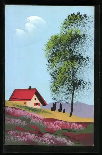 Künstler-AK Handgemalt: Ein einsames Haus und ein Baum im Feld, Schablonenmalerei