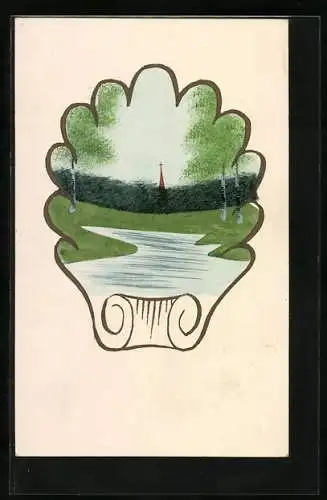 Künstler-AK Handgemalt: Flusspartie mit Blick zum Kirchturm, im künstlerischen Passepartout, Schablonenmalerei