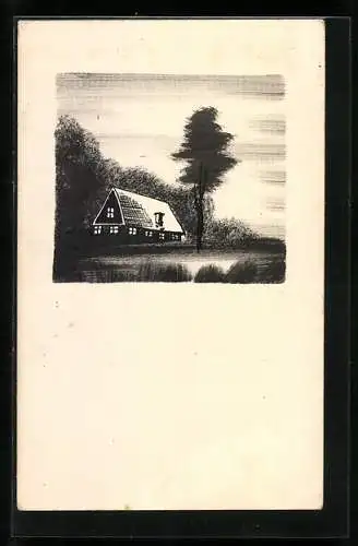 Künstler-AK Handgemalt: Ein Haus am Waldrand, Schablonenmalerei