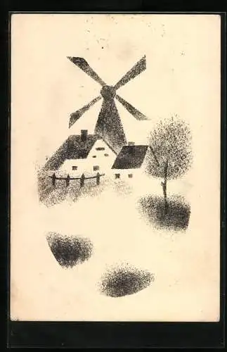 Künstler-AK Handgemalt: Eine Ortschaft mit einer Windmühle, Schablonenmalerei