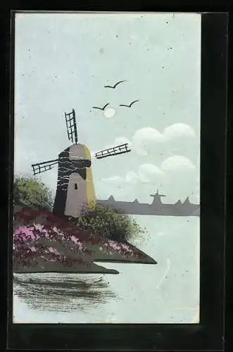 Künstler-AK Handgemalt: Eine Windmühle an einer blühenden Wiese am Wasser, Schablonenmalerei