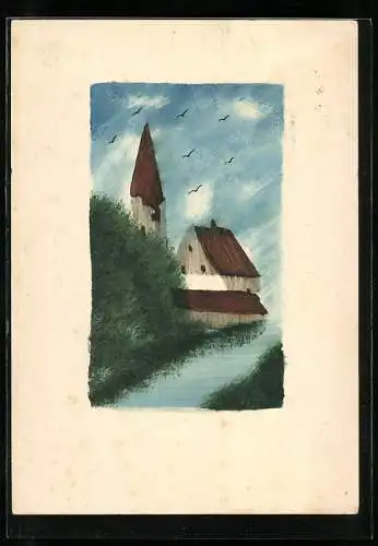 Künstler-AK Handgemalt: Haus und Kirche an einem Fluss