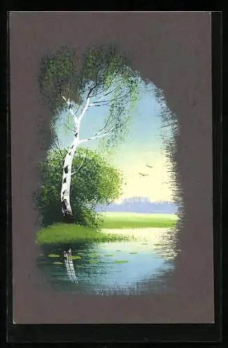 Künstler-AK Handgemalt: Flusslandschaft mit Birke