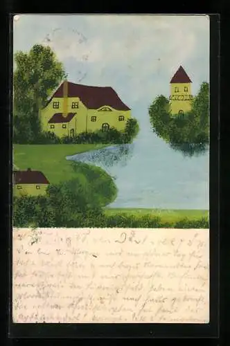 Künstler-AK Handgemalt: Haus und Turm am Wasser