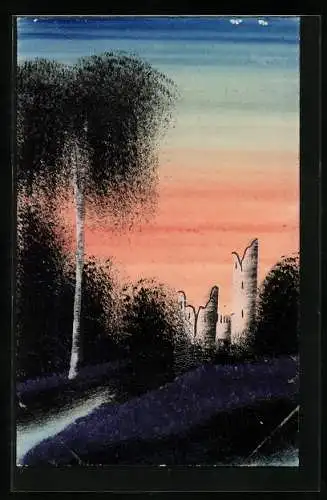 Künstler-AK Handgemalt: Burgruine bei Sonnenuntergang