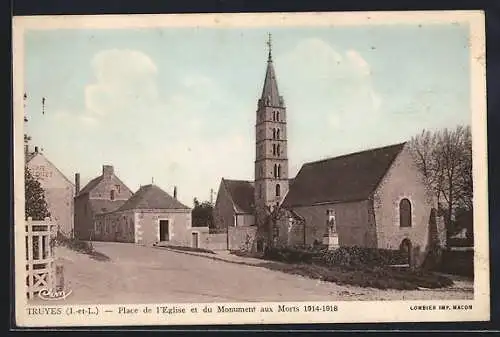 AK Truyes /Indre-et-Loire, Place du l`Eglise et du Monument aux Morts 1914-1918