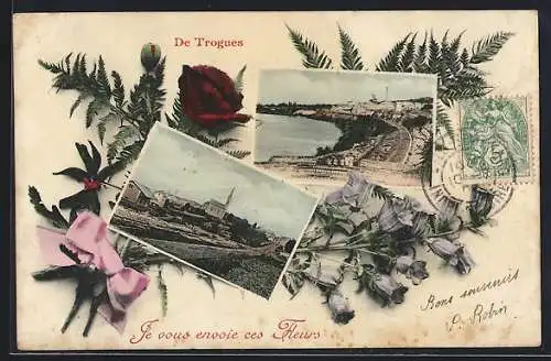 AK Trogues /Indre-et-Loire, Vue générale et Fabrique de Chaux, dans un passe-partout florale