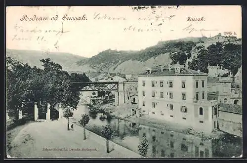 AK Susak, Häuser am Fluss und Brücke