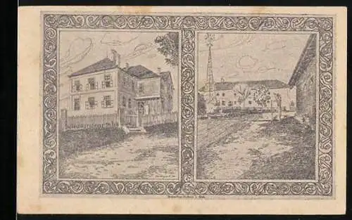 Notgeld Holzhausen 1920, 10 Heller, Gutschein gültig bis 30. September 1920, historische Gebäude und Porträt