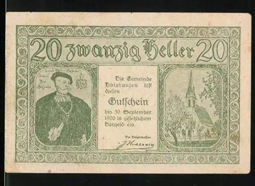 Notgeld Holzhausen, 1920, 20 Heller, Porträt eines Mannes und Kirche, Rückseite Gebäude und Strasse