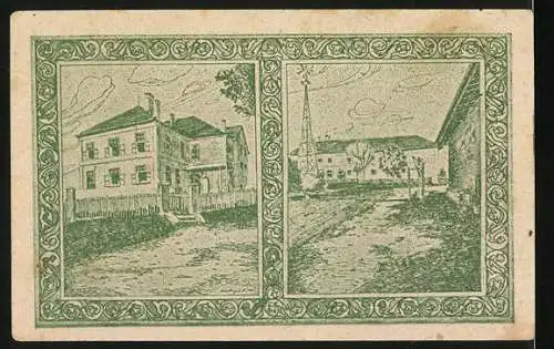 Notgeld Holzhausen, 1920, 20 Heller, Porträt eines Mannes und Kirche, Rückseite Gebäude und Strasse