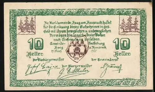 Notgeld Haag am Hausruck, 1920, 10 Heller, Abbildung eines Torbogens und Wappen auf der Rückseite