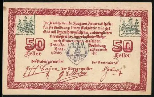 Notgeld Haag am Hausruck 1920, 50 Heller, Stadttor und Gemeindesiegel mit Unterschriften