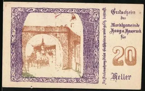 Notgeld Haag am Hausruck, 1920, 20 Heller, Ansicht eines Torbogens und Schriftzüge