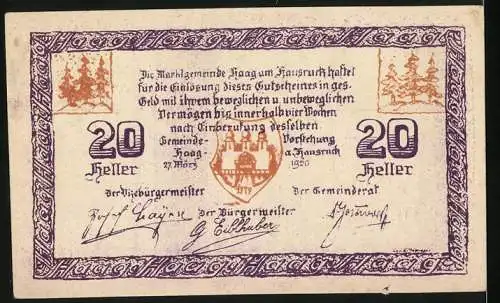 Notgeld Haag am Hausruck, 1920, 20 Heller, Ansicht eines Torbogens und Schriftzüge