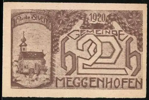 Notgeld Meggenhofen 1920, 20 Heller, Kirche und Verzierungen, Gutschein