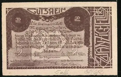 Notgeld Meggenhofen 1920, 20 Heller, Kirche und Verzierungen, Gutschein