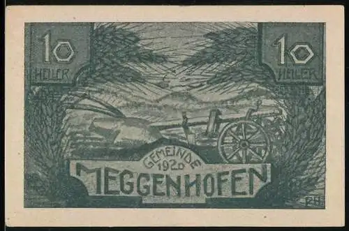 Notgeld Meggenhofen 1920, 10 Heller, Landschaft mit Pflug und Wagen, Text auf Rückseite