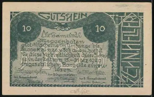 Notgeld Meggenhofen 1920, 10 Heller, Landschaft mit Pflug und Wagen, Text auf Rückseite