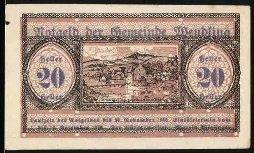 Notgeld Wendling, 1920, 20 Heller, Stadtansicht und Erklärung des Notgelds