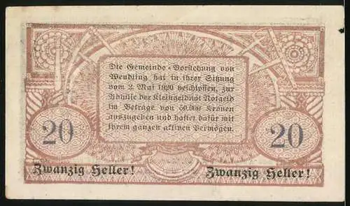 Notgeld Wendling, 1920, 20 Heller, Stadtansicht und Erklärung des Notgelds