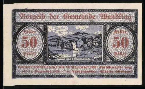 Notgeld Wendling, 1920, 50 Heller, Ansicht der Stadt und Erklärung auf Rückseite