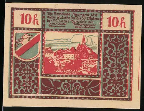 Notgeld Neumarkt 1920, 10 Heller, Stadtansicht und Wappen mit Hirsch