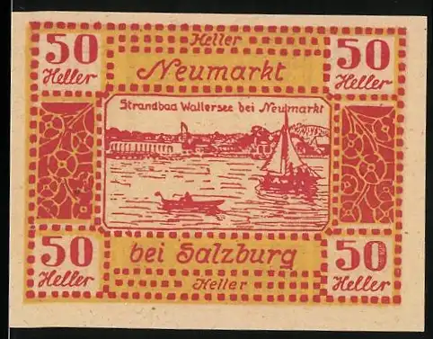 Notgeld Neumarkt bei Salzburg, 1920, 50 Heller, Vorderseite Strandbad Wallersee, Rückseite Stadtansicht und Wappen