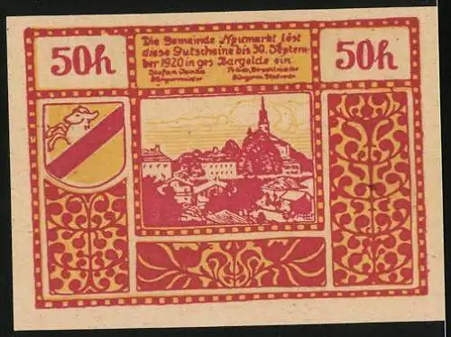 Notgeld Neumarkt bei Salzburg, 1920, 50 Heller, Vorderseite Strandbad Wallersee, Rückseite Stadtansicht und Wappen