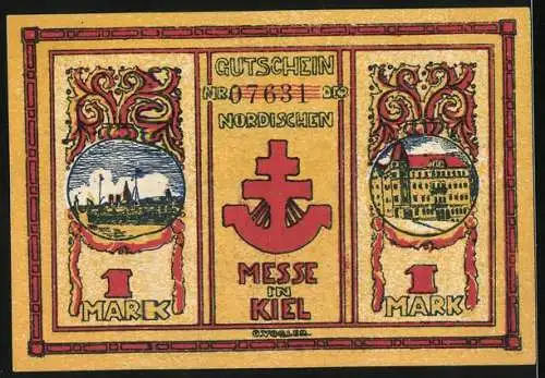 Notgeld Kiel, 1918, 1 Mark, Gutschein der Nordischen Messe mit Industrie- und Stadtansichten