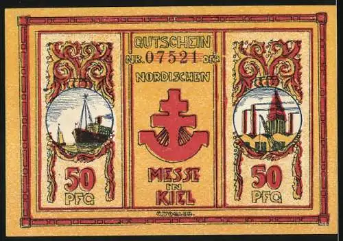 Notgeld Kiel, 1921, 50 Pfennig, Nordische Messe mit Szenen und Schiffen