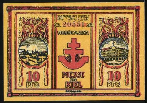 Notgeld Kiel, 1921, 10 Pfennig, Nordische Messe in Kiel mit Wikingerschiff und Gebäudemotiven