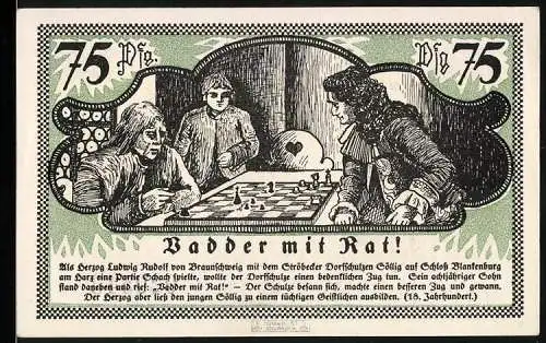 Notgeld Ströbeck, 1921, 75 Pfennig, Schachspiel mit Herzog Ludwig Rudolf von Braunschweig