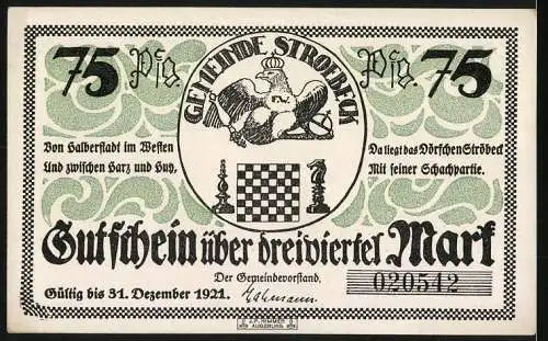 Notgeld Ströbeck, 1921, 75 Pfennig, Schachspiel mit Herzog Ludwig Rudolf von Braunschweig