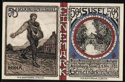 Notgeld Süsel, 1920, 2x 50 Pfennig, Kirche und Bauer mit Saatbeutel, Gemeinde Kirchenthal