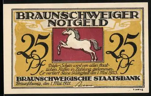 Notgeld Braunschweig 1921, 25 Pf, Vorderseite Pferdemotiv, Rückseite Till Eulenspiegel mit Eulen und Katzen